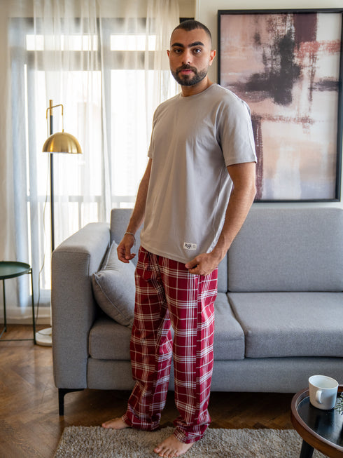 Men summer pajama set Greyish T-shirt + Dark Red X Greyish Tartan Plaid Pants
